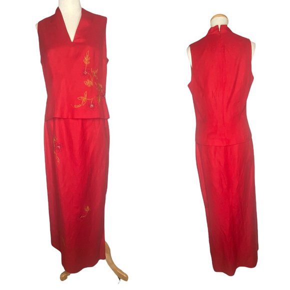 Linen Maxi Skirt & Top Set Embroidered Lined Womens sz 10 Donna Morgan Vintage - Picture 2 of 11